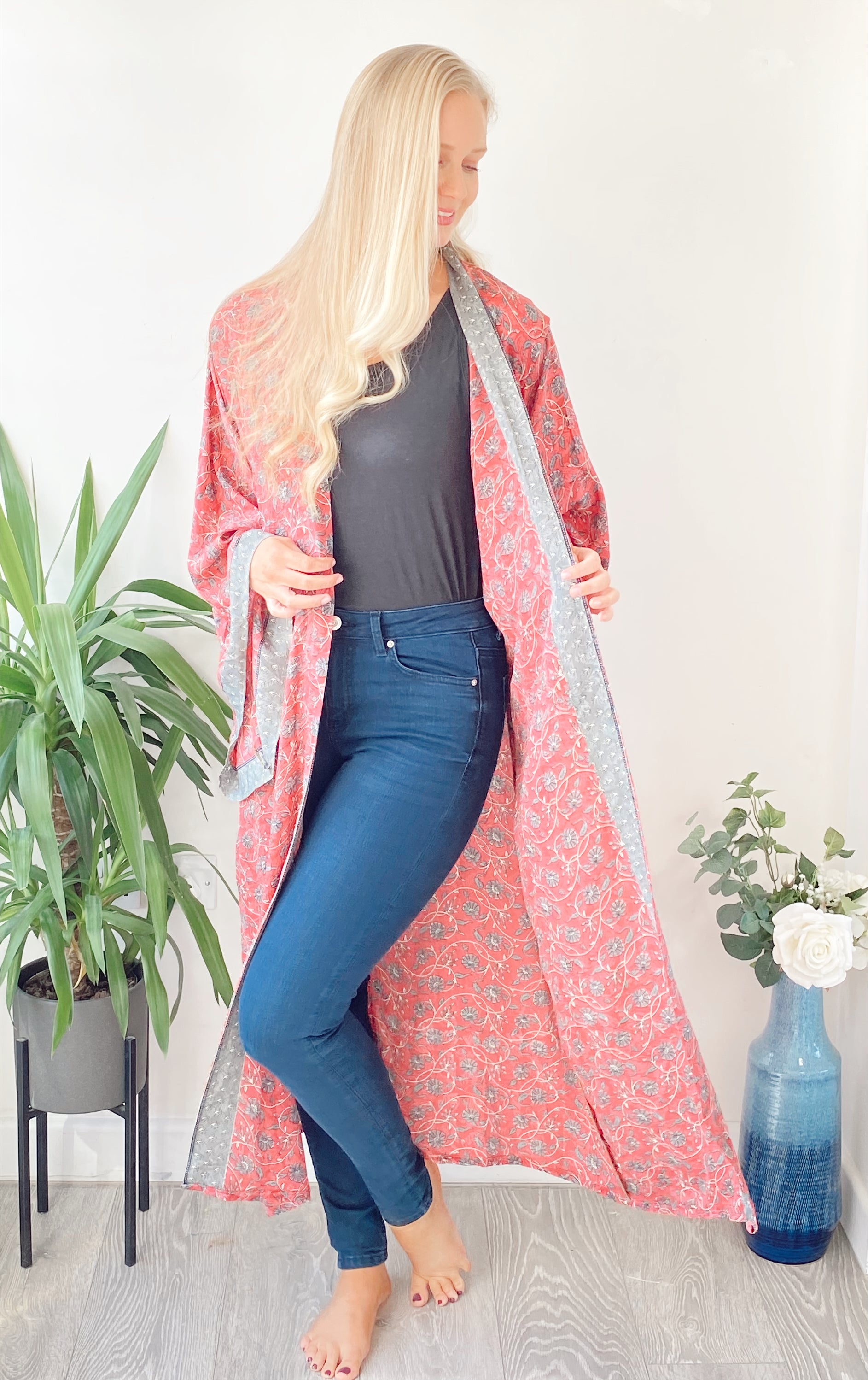 Laurel pink print recycled-silk free-size kimono//robe UK 8-16DRESSES