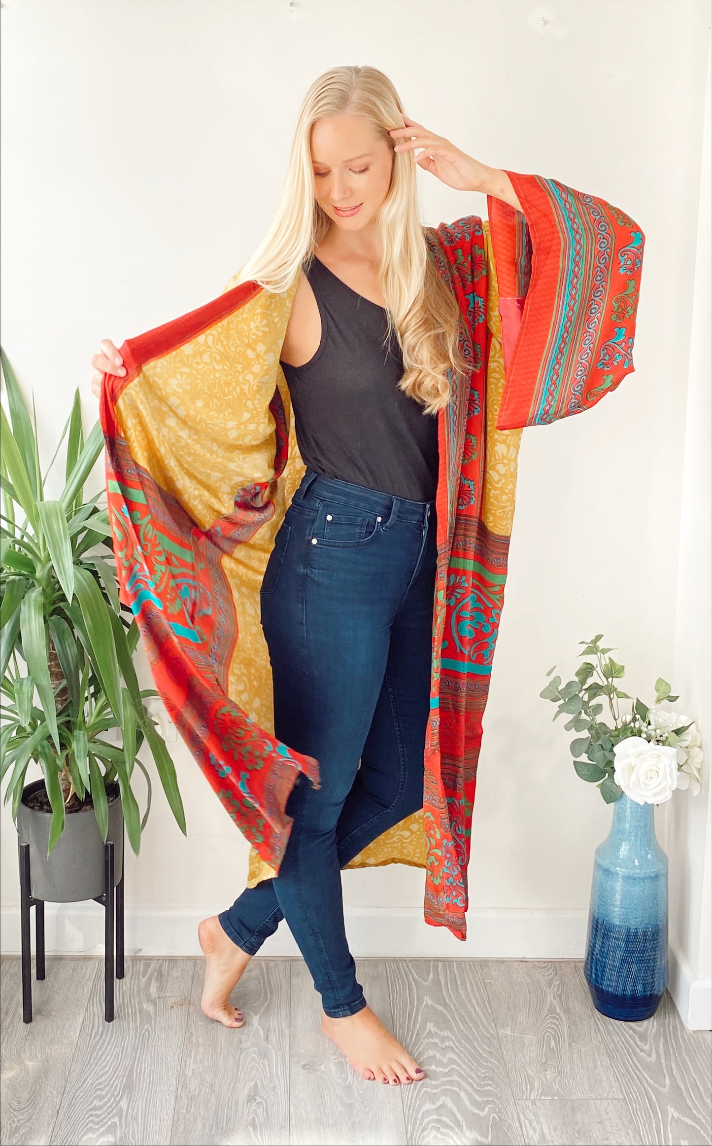 Laurel red/yellow print recycled-silk free-size kimono//robe UK 8-16DRESSES