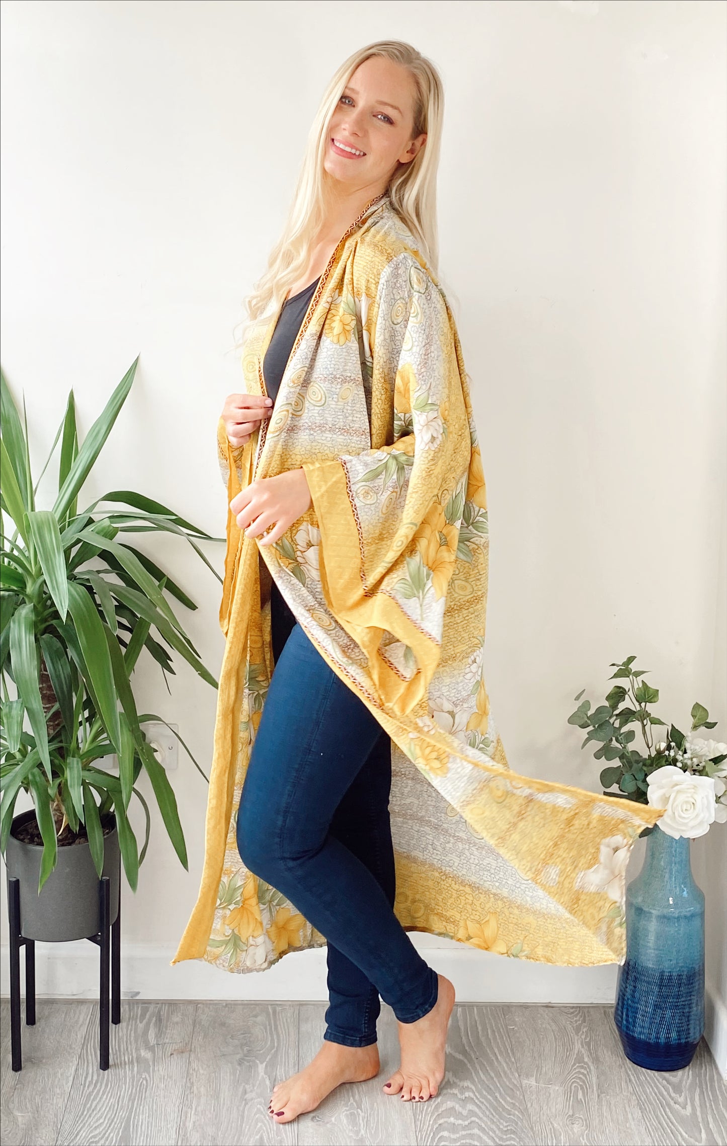 Laurel yellow floral-print recycled-silk free-size kimono//robe UK 8-16DRESSES