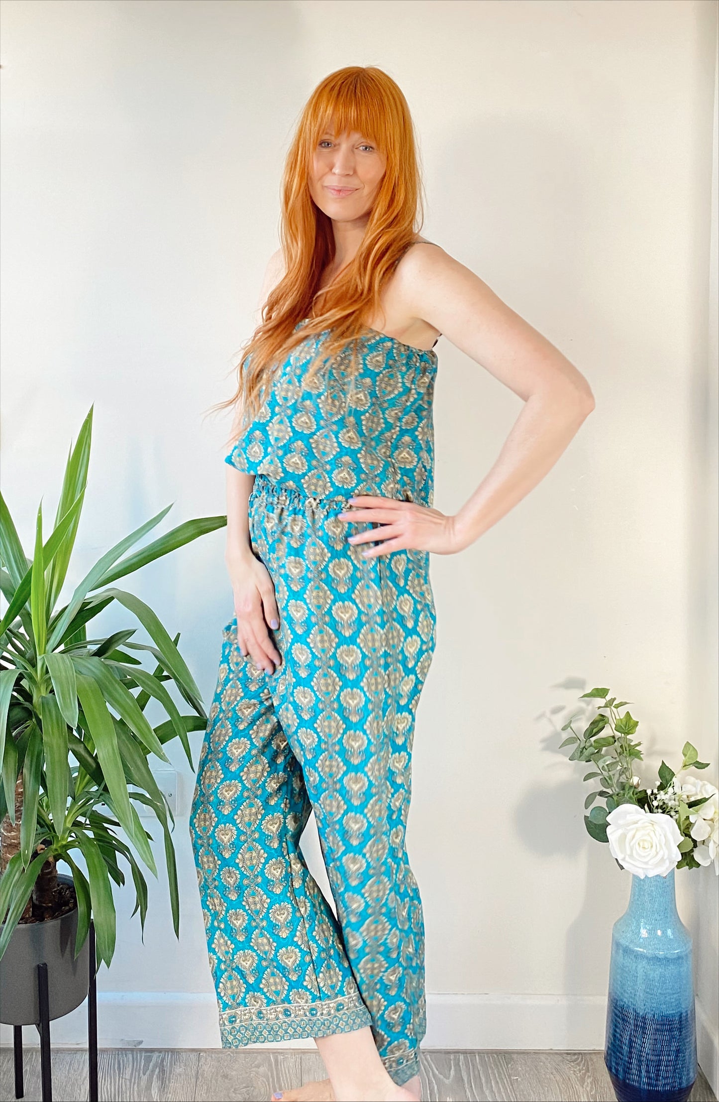 Layla teal printed silk jumpsuit free-size UK 8-14DRESSES