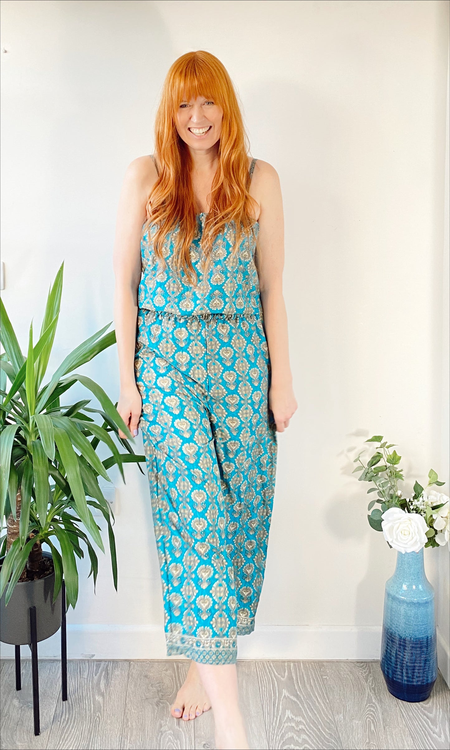 Layla teal printed silk jumpsuit free-size UK 8-14DRESSES