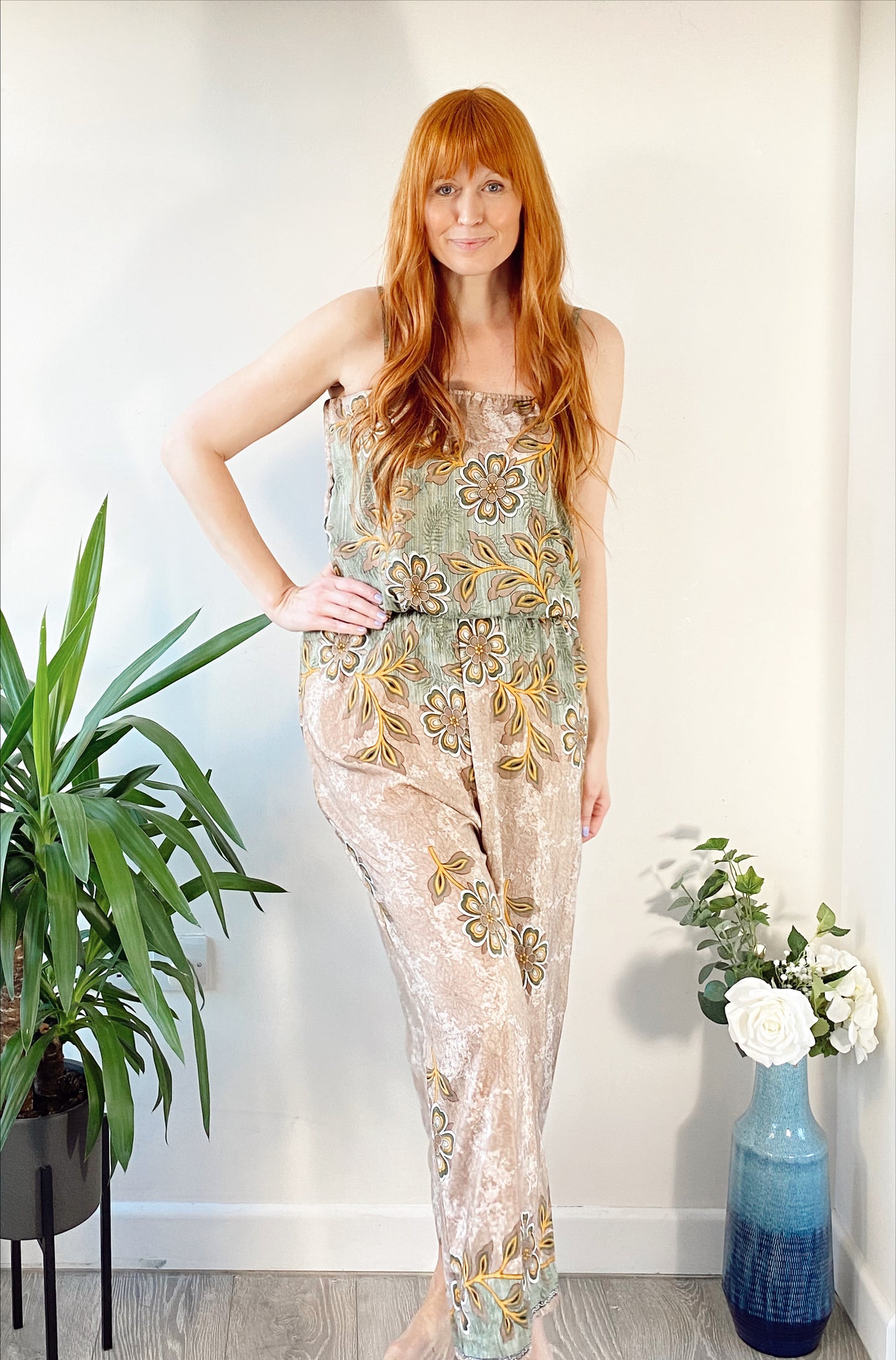 Layla light-brown/pink floral printed silk jumpsuit free-size UK 8-14DRESSES