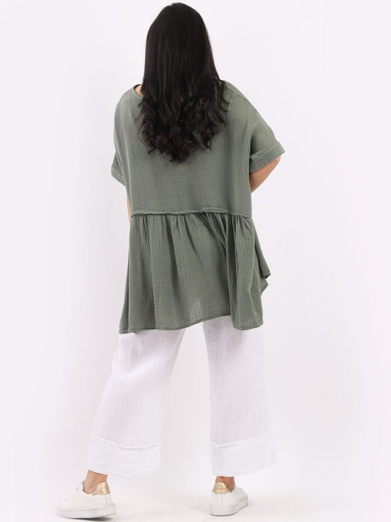 Smock lagenlook khaki boho cotton top free size UK 8-16DRESSES