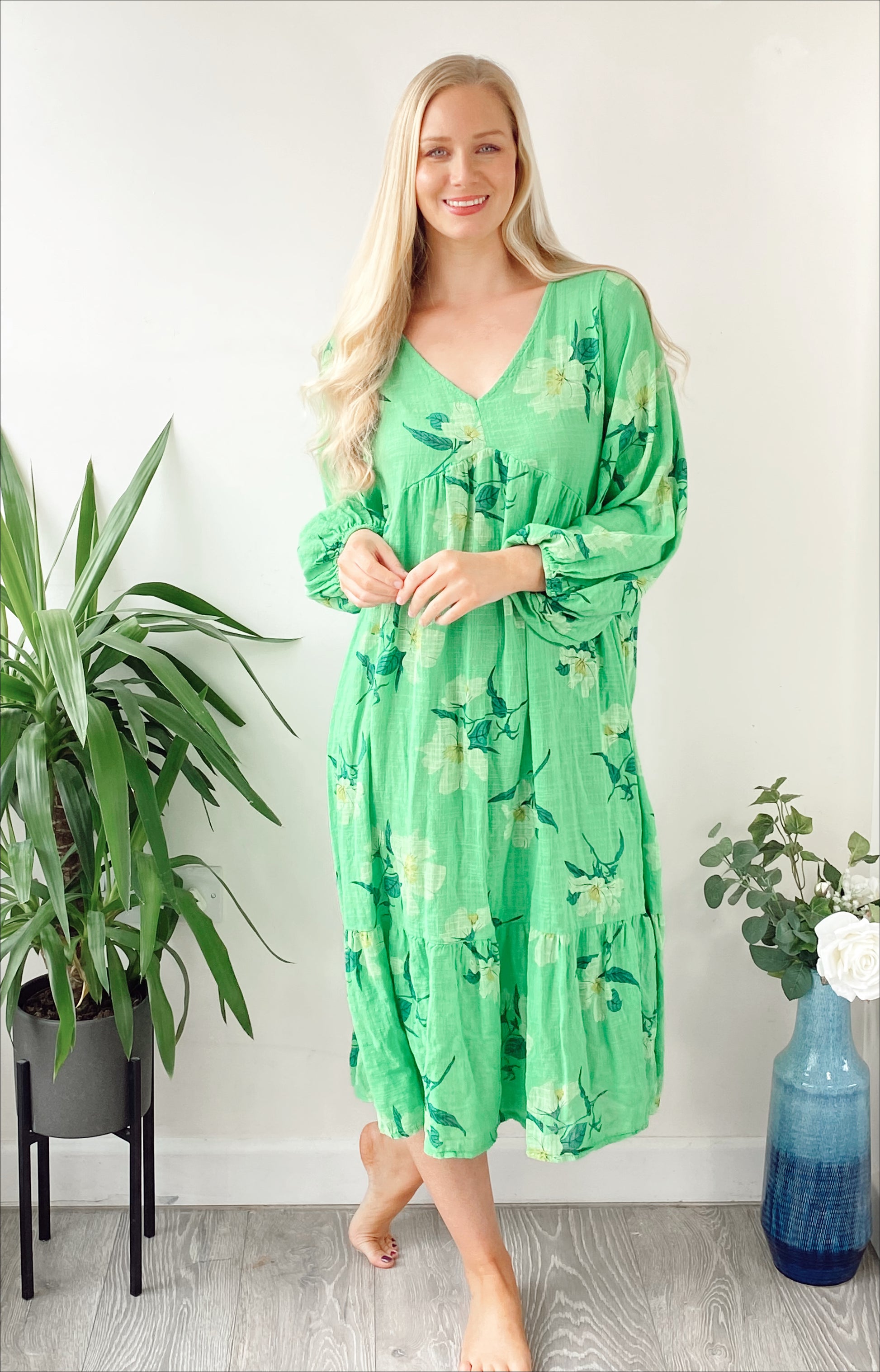 Floral-print smock lagenlook boho midi dress free size UK 8-18DRESSES