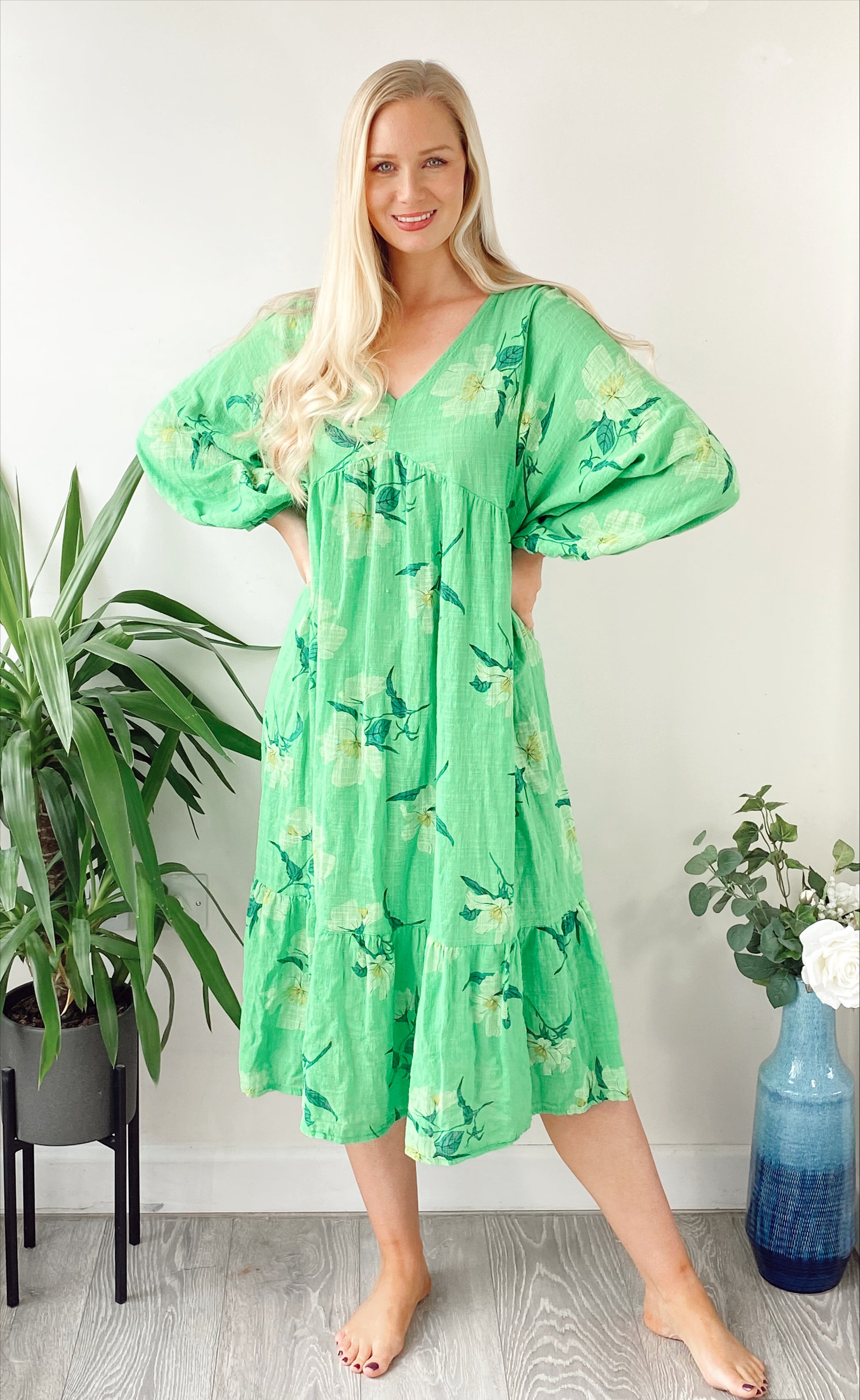 Floral-print smock lagenlook boho midi dress free size UK 8-18DRESSES