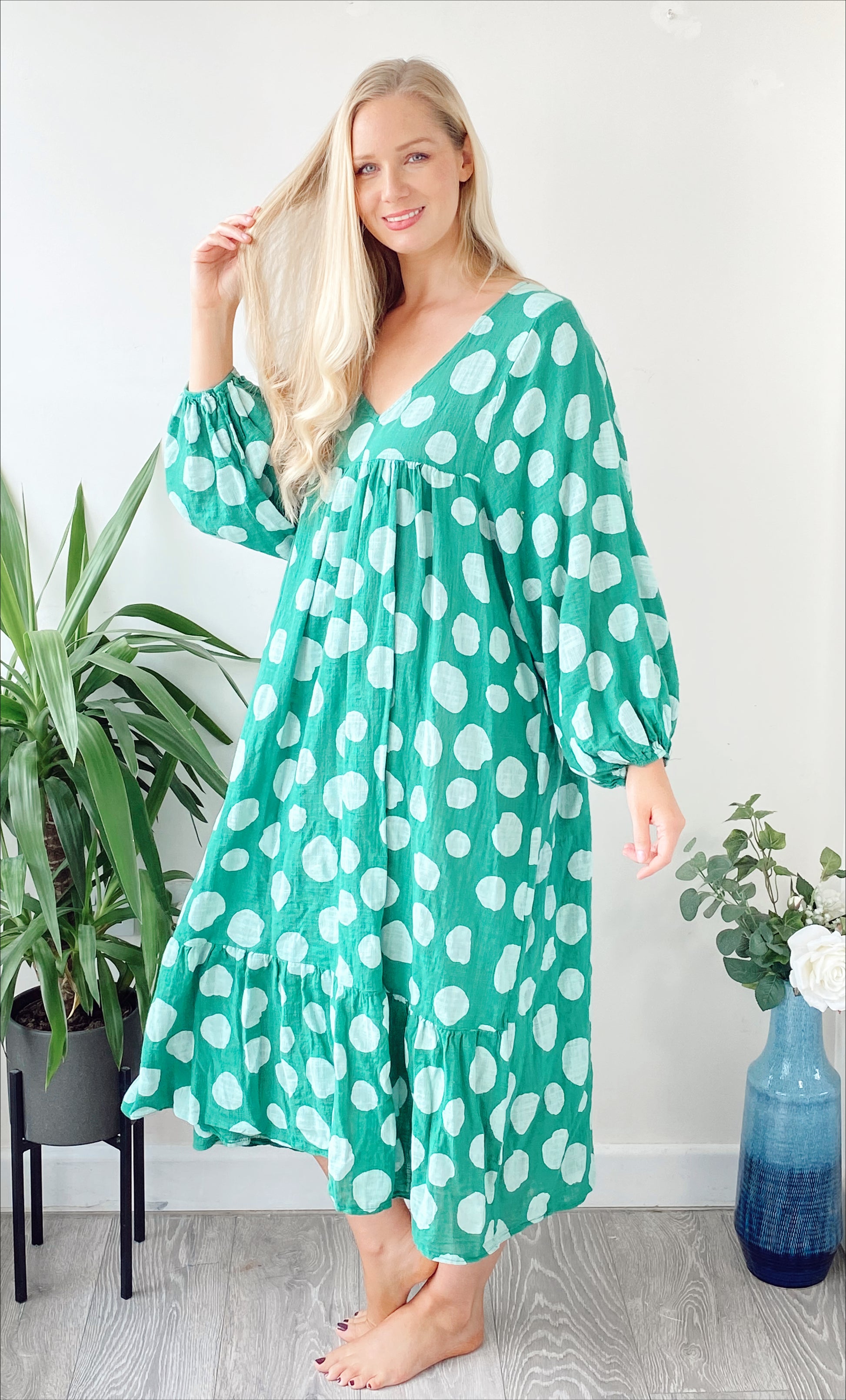 Polka-dot print lagenlook green smock cotton midi dress free size UK 8 -18DRESSES