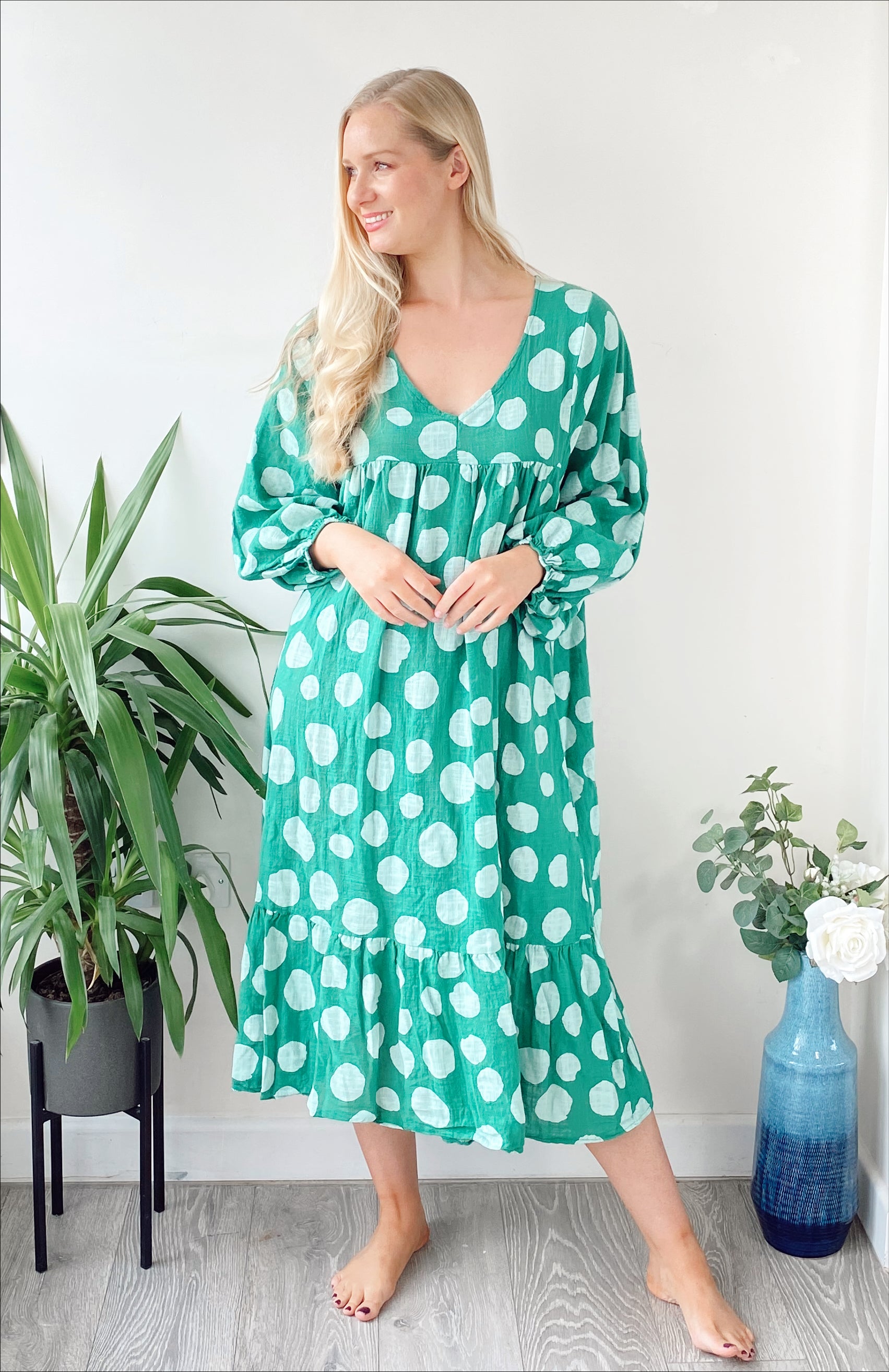 Polka-dot print lagenlook green smock cotton midi dress free size UK 8 -18DRESSES