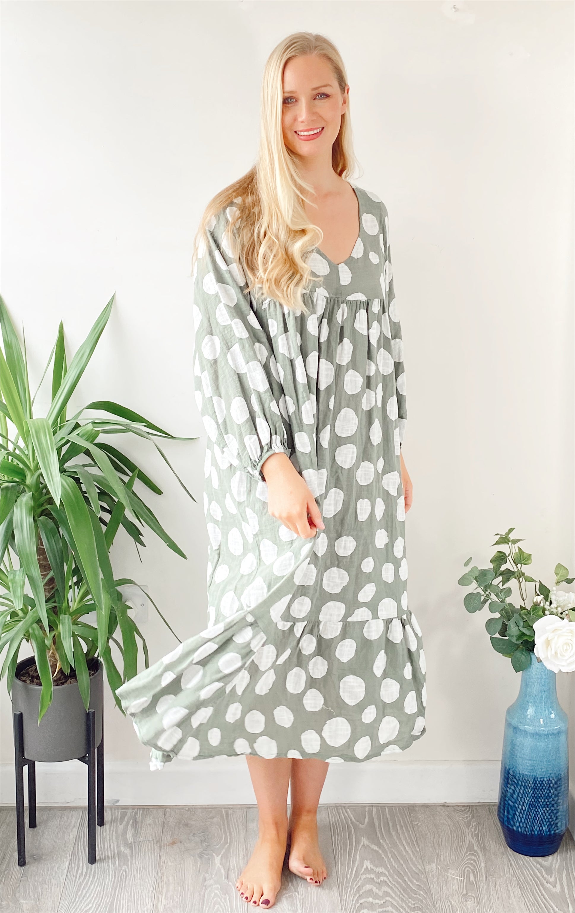 Polka-dot print lagenlook khaki smock cotton midi dress free size UK 8 -18DRESSES