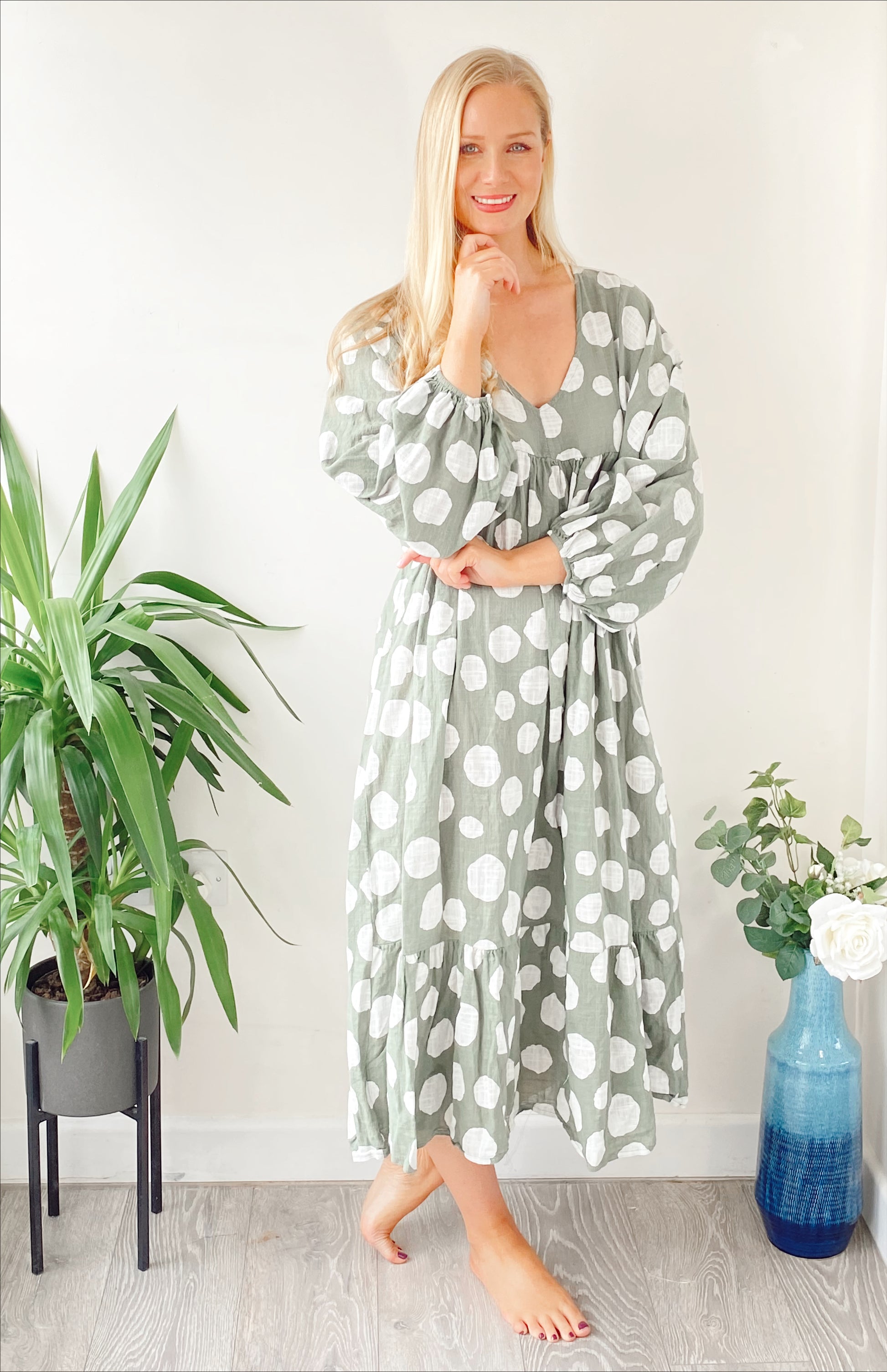 Polka-dot print lagenlook khaki smock cotton midi dress free size UK 8 -18DRESSES