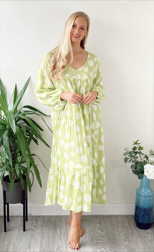 Polka-dot print lagenlook lime-green cotton midi dressDRESSES