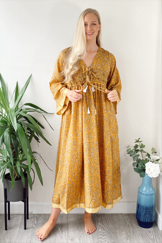 Nova yellow print recycled-silk midi dress free-size UK8-14DRESSES