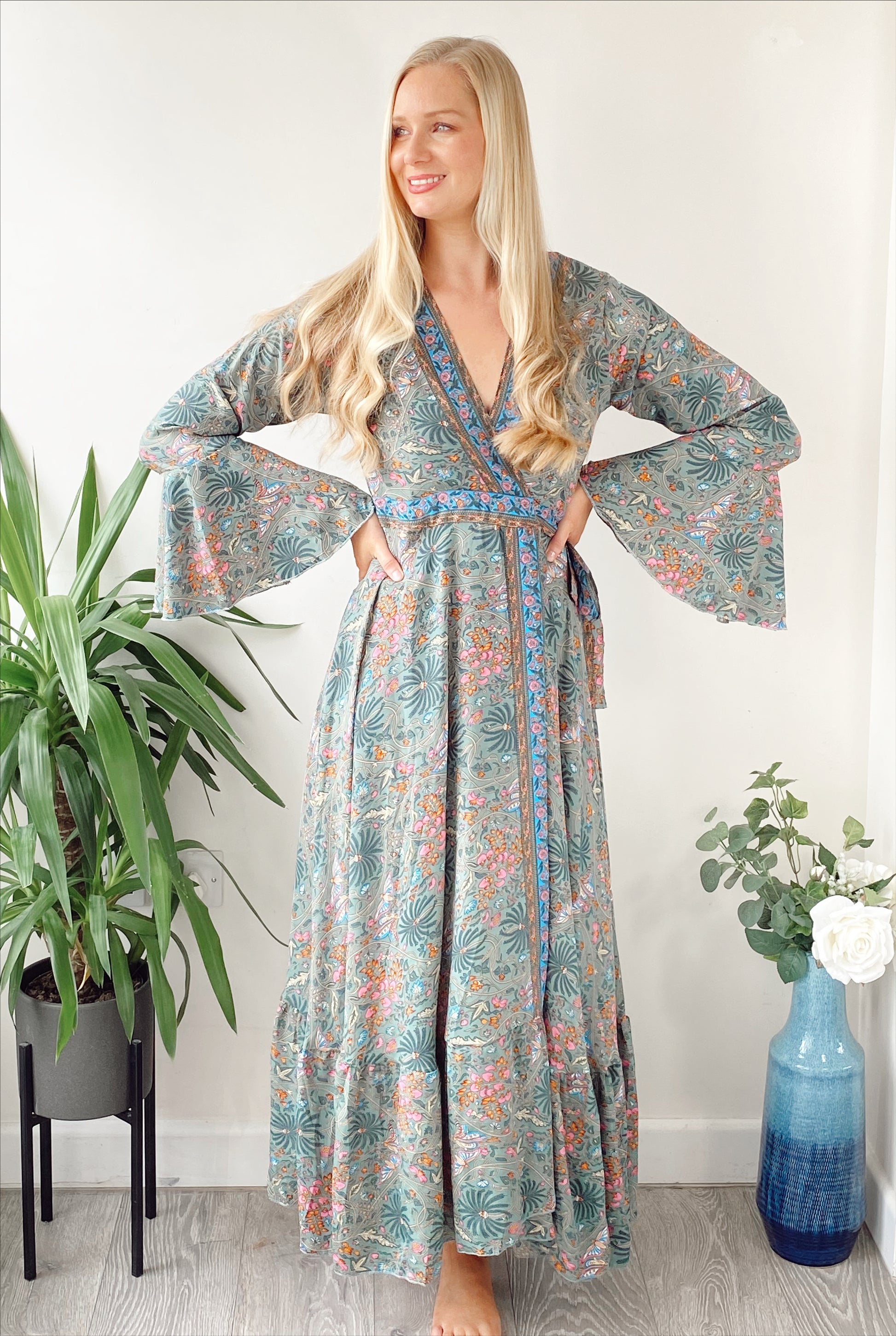 Ophelia green silk wrap maxi dress free-size UK 8-14DRESSES