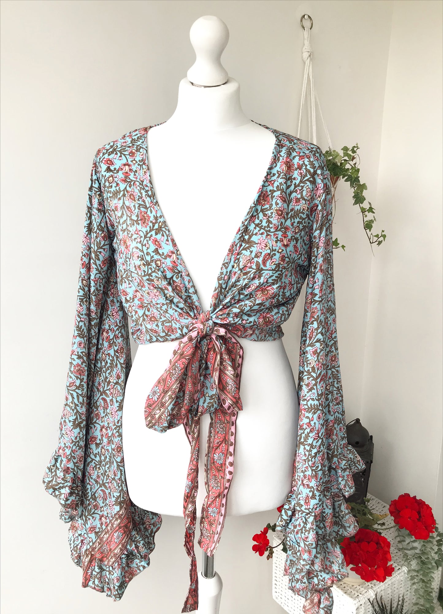 Stevie floral-print silk wrap tie frill-sleeve topblouse