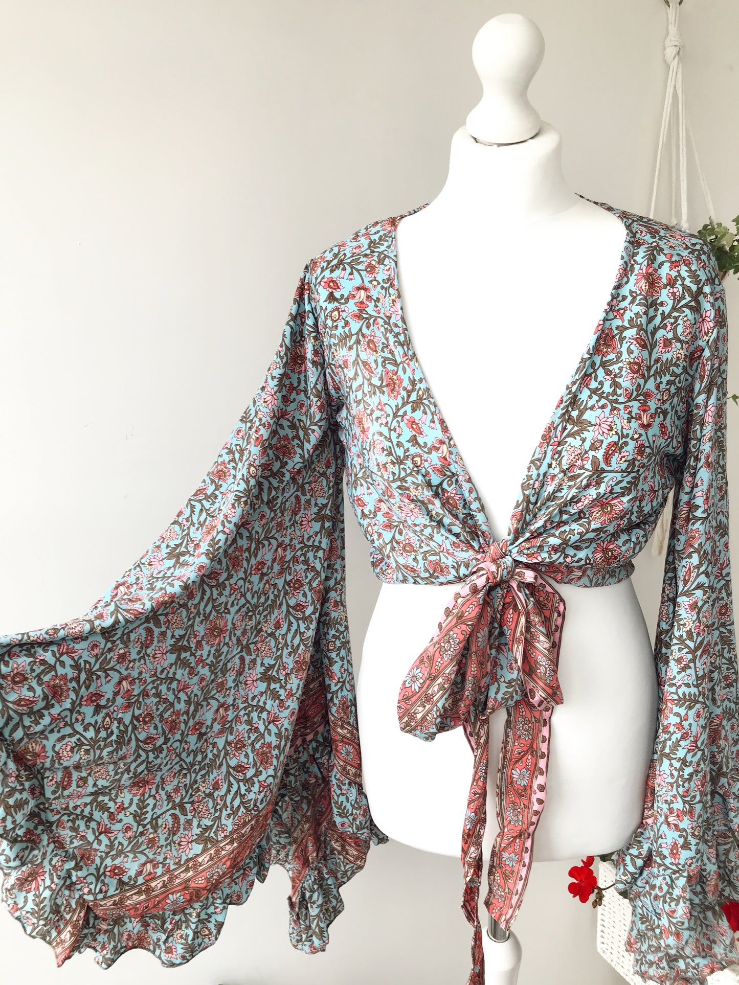 Stevie floral-print silk wrap tie frill-sleeve topblouse