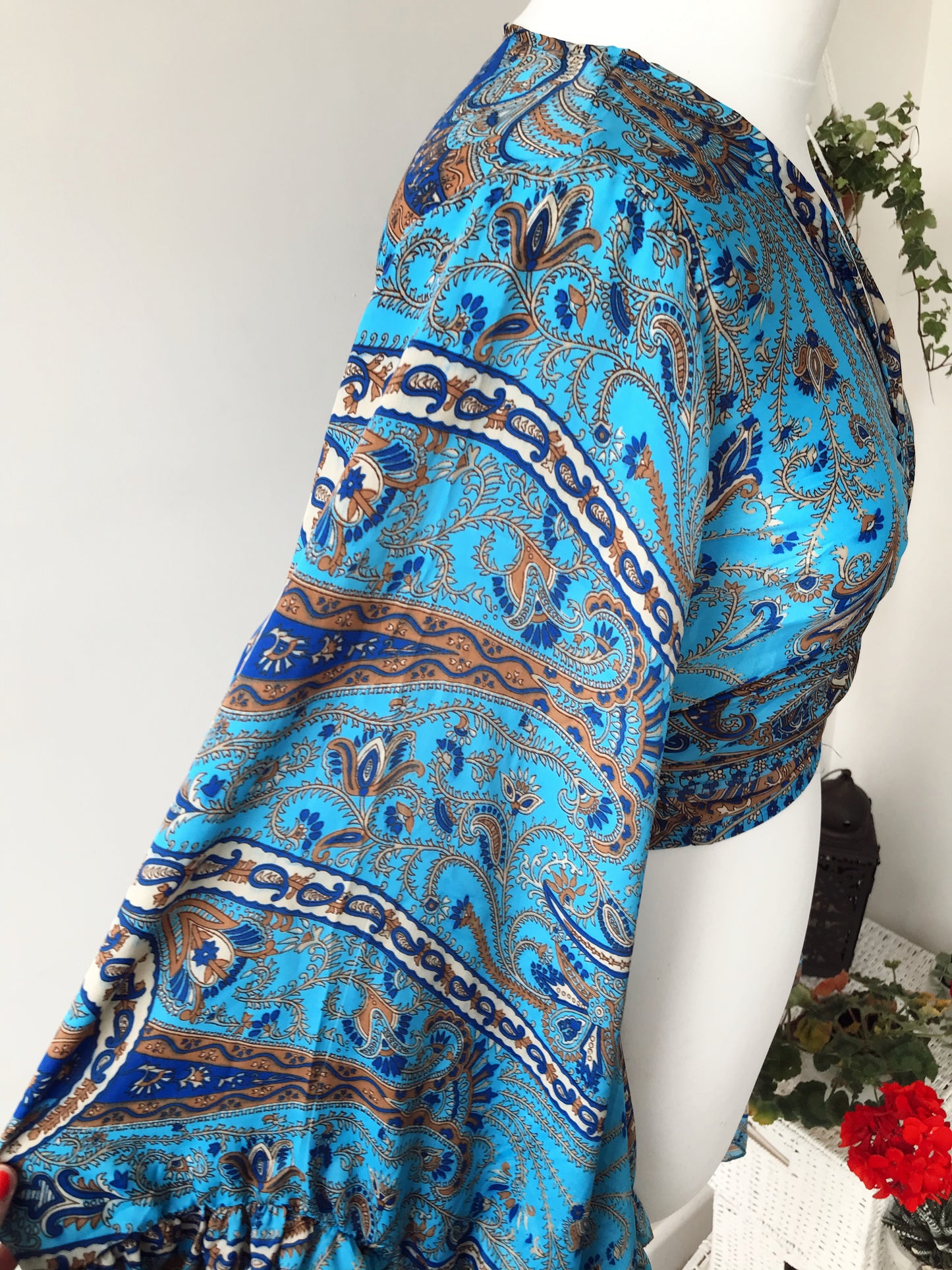 Stevie paisley-print sea-blue silk wrap tie frill-sleeve topblouse