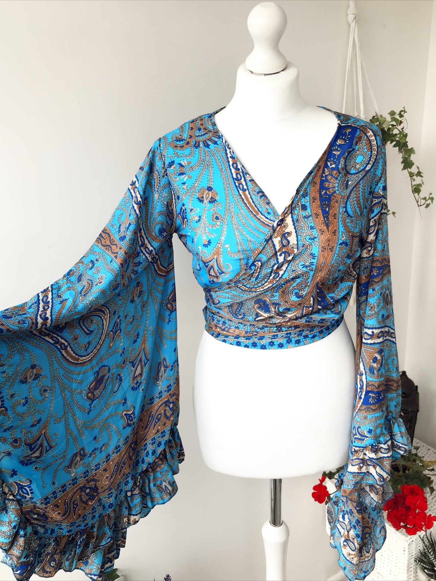 Stevie paisley-print sea-blue silk wrap tie frill-sleeve topblouse