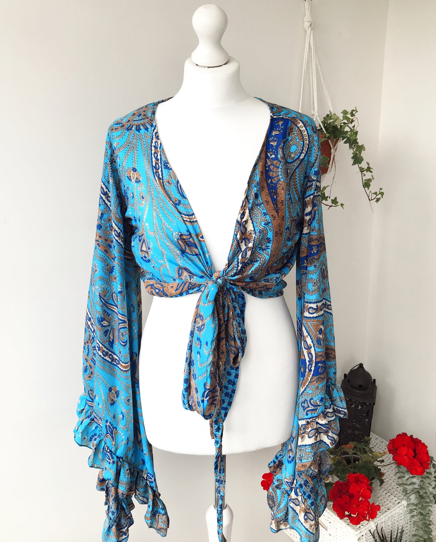 Stevie paisley-print sea-blue silk wrap tie frill-sleeve topblouse