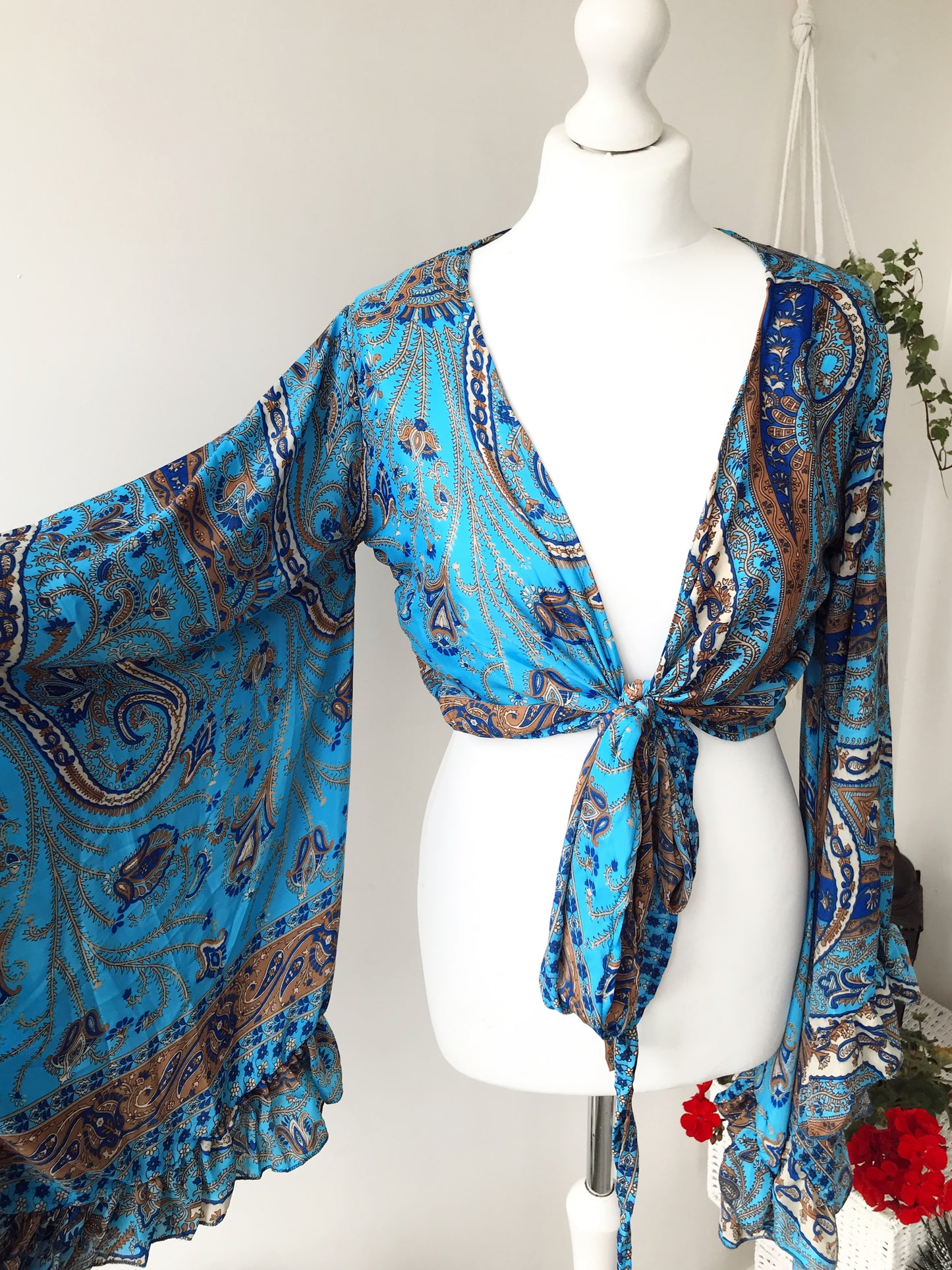 Stevie paisley-print sea-blue silk wrap tie frill-sleeve topblouse