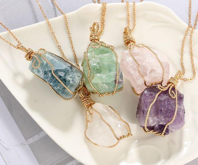 Natural stone fluorite gold-tone chain bohemian pendant necklacenecklace