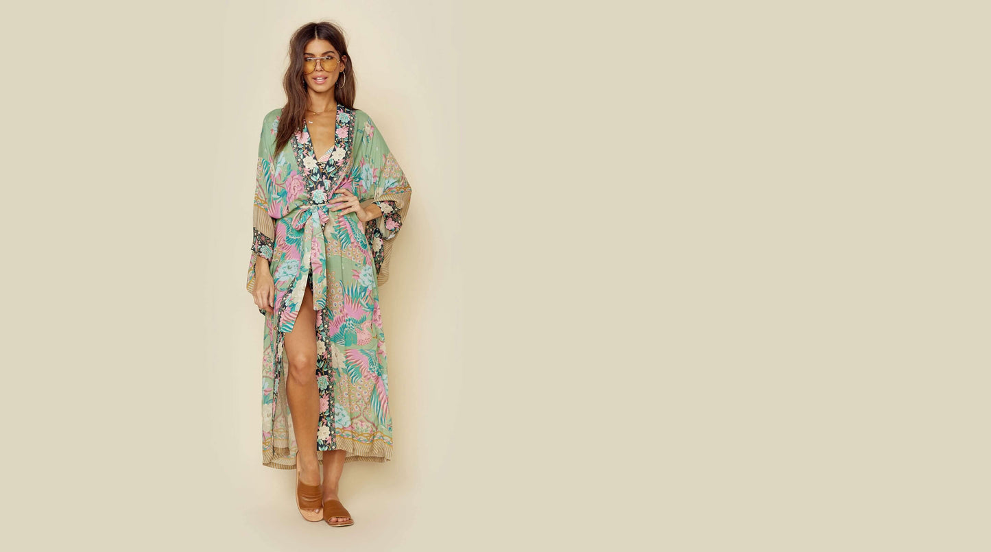 Audrey floral and peacock-print bohemian kimono//cover-upDRESSES