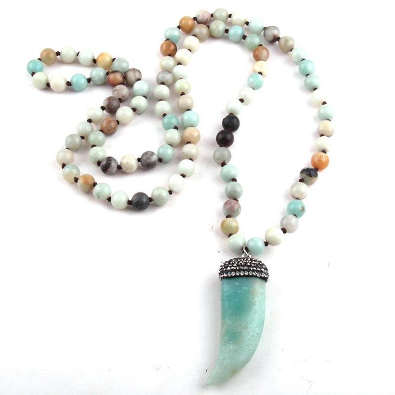 Tooth turquoise amazonite semi-precious stone rosary chain bohemian pendant necklacenecklace
